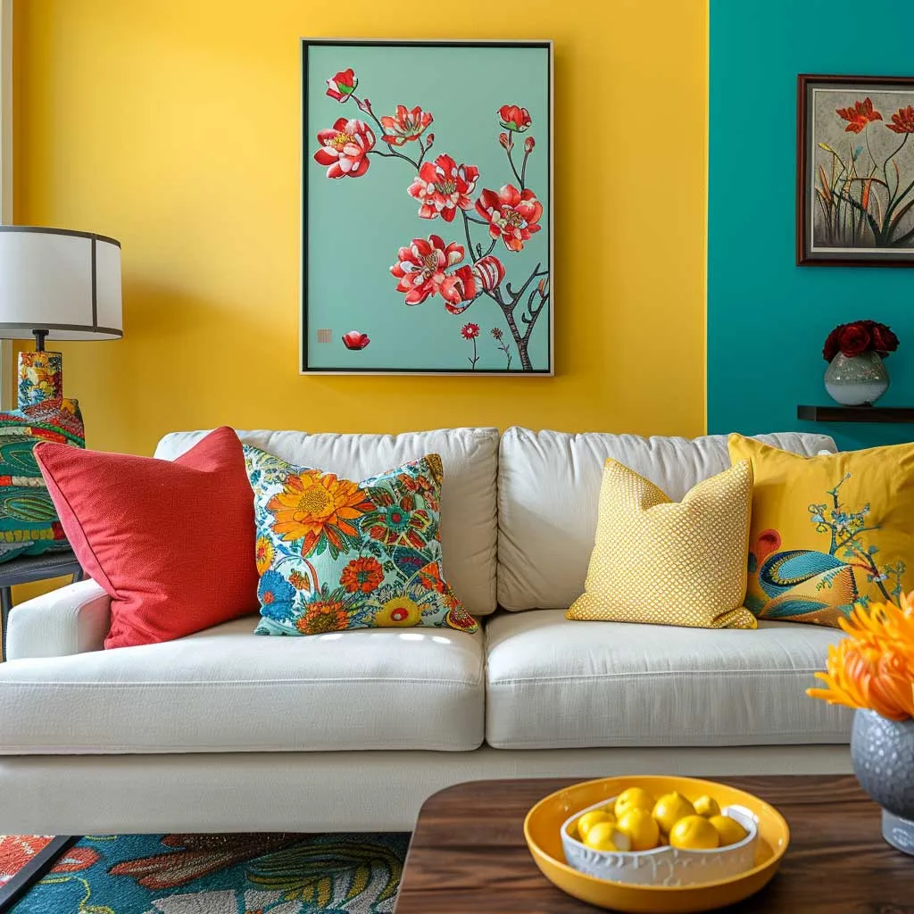 Picture a living room bursting with vibrant energy, achieved through a bold Asian paint color combination. The primary wall is painted in a lively turquoise, while the accent walls feature a sunny yellow. This dynamic duo is balanced with neutral furnishings and pops of color in throw pillows and wall art, making the space feel alive and inviting.