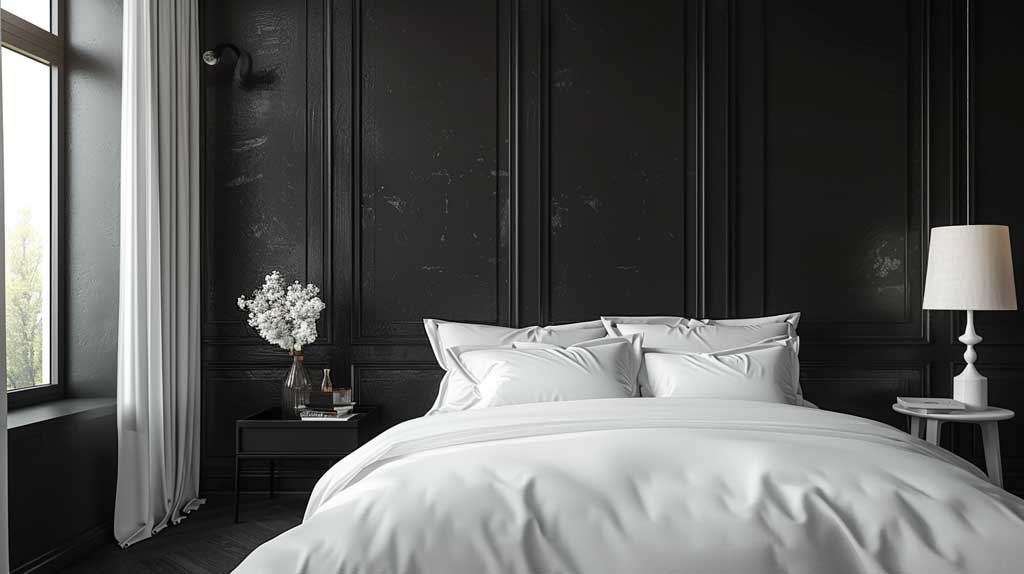 Imagine a bedroom that embodies modern minimalism through a black and white palette. The bed, dressed in crisp white linens, stands against a statement black wall. Minimalistic furniture and decor items, such as a sleek black nightstand and white table lamp, enhance the clean lines and uncluttered aesthetic of the room.