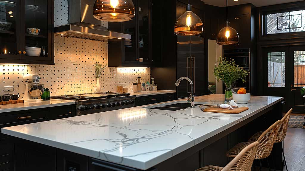 Picture a kitchen where dynamic textures bring a black and white design to life. White marble countertops contrast beautifully against black cabinetry, while geometric black and white tiles create a visually intriguing backsplash. Stainless steel appliances and subtle lighting fixtures add a contemporary edge to the classic color scheme.