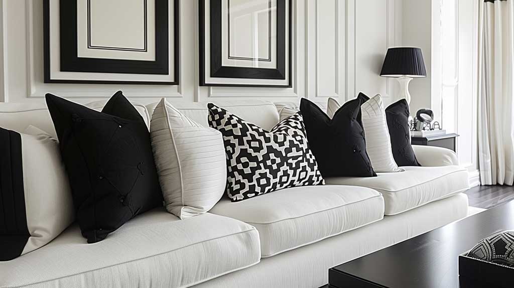 Visualize a living room where the elegance of black and white design comes to life. The walls are adorned with sleek white paint, complemented by black furniture that exudes sophistication. Accents like patterned cushions and monochrome art pieces add depth and character to the space, creating an ambiance of refined simplicity.