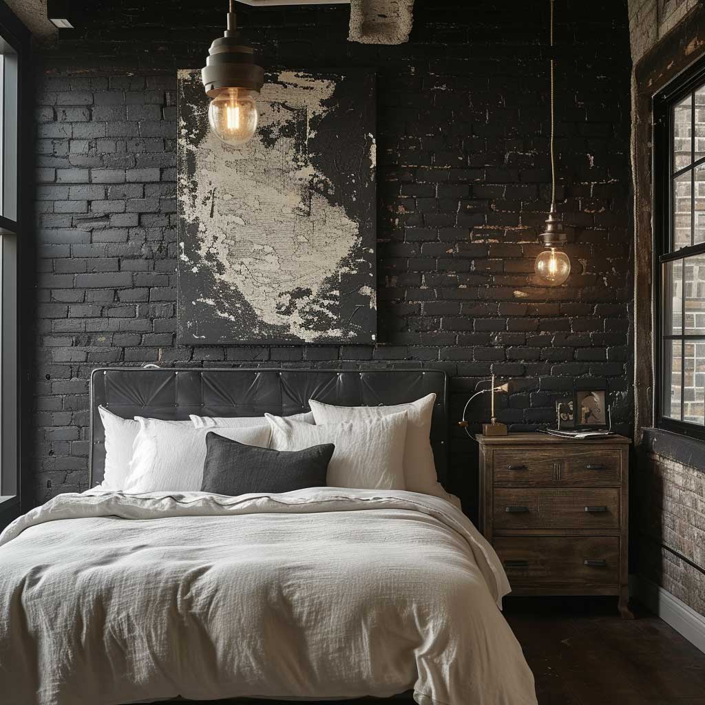 An industrial-style bedroom boasting a dark painted brick decoration wall, paired with metal fixtures and reclaimed wood furniture, embodying a cozy yet edgy atmosphere.