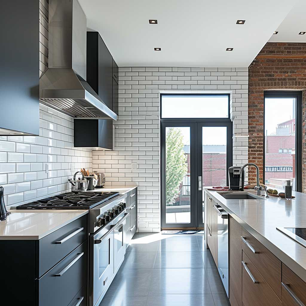 A modern kitchen with sleek white brick decoration wall, accented with stainless steel appliances and minimalist cabinetry, showcasing a clean and sophisticated aesthetic.