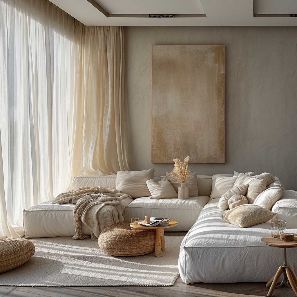 A living room with walls painted in serene pastel shades, complemented by soft, natural light filtering through sheer curtains, showcasing a tranquil and cozy ambiance perfect for relaxation.
