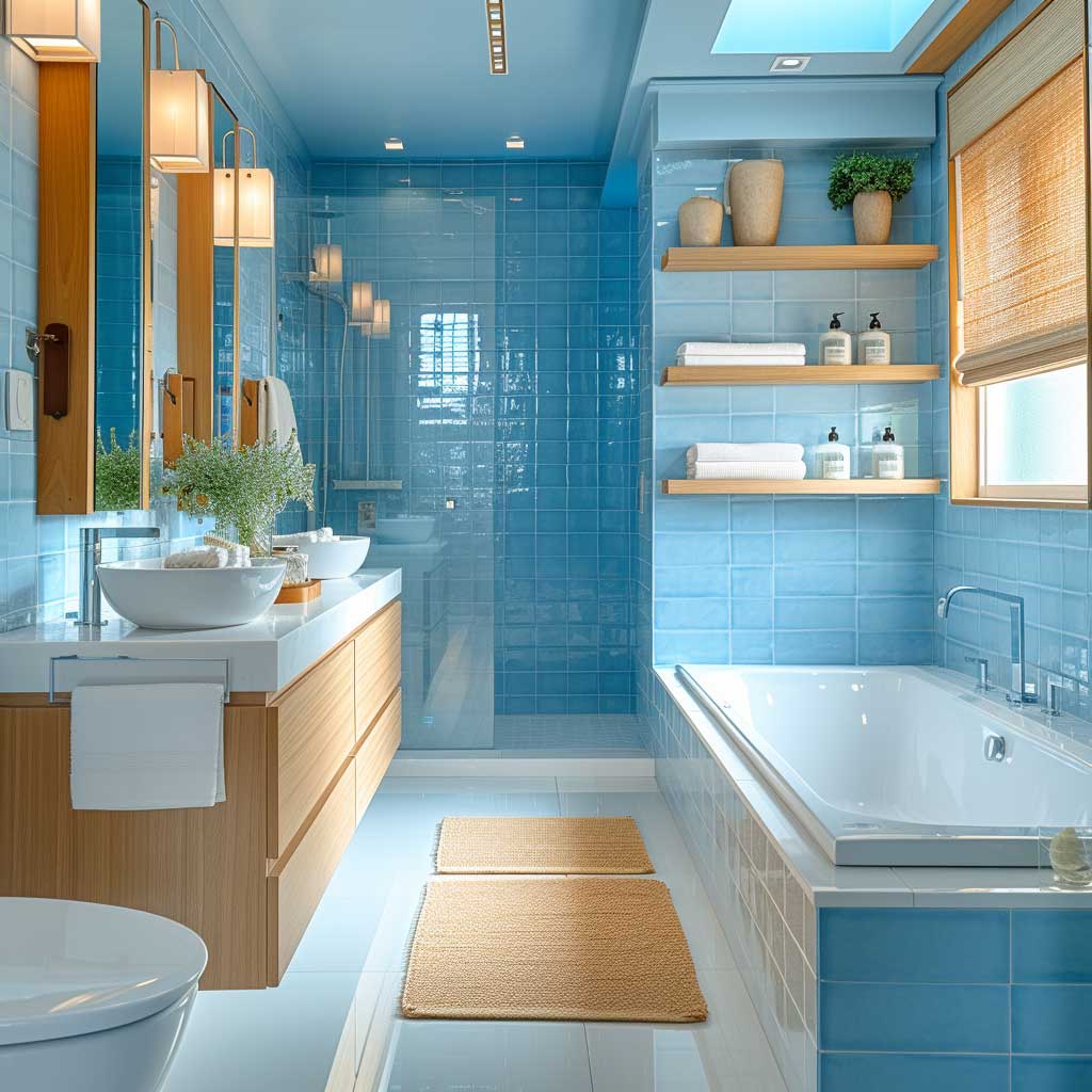 A bathroom featuring cool blue tiles and paint schemes, complemented by crisp white fixtures and natural wood accents, offering a refreshing and serene spa-like vibe.