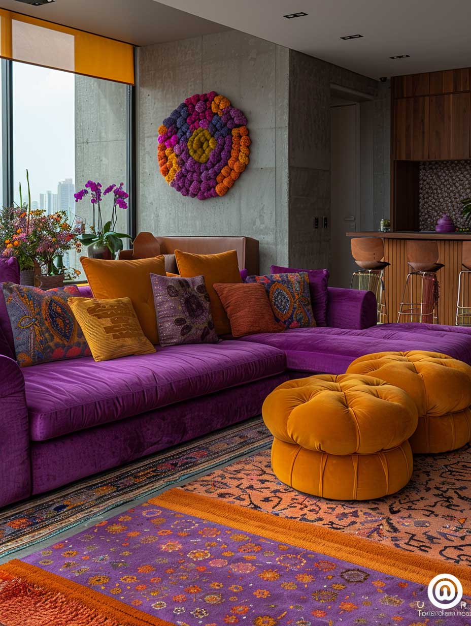 A modern living room filled with vibrant splashes of color, showcasing a mix of contemporary furniture and colorful accents. The space is illuminated by natural light, highlighting the bold and bright color palette used in the decor, textiles, and artwork. This image captures the essence of a lively and stylish interior, perfect for inspiration.