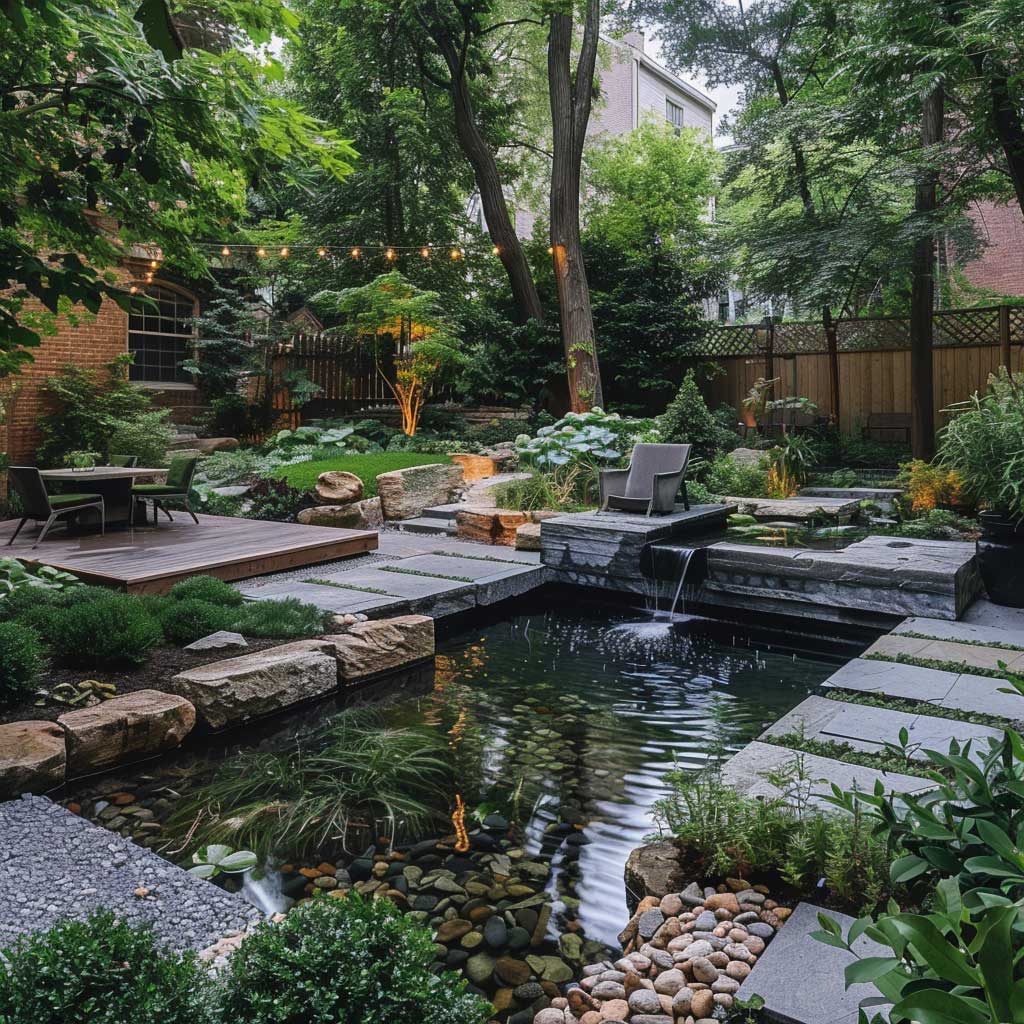 Envision an urban garden that serves as a green sanctuary amidst the hustle and bustle of city life. This garden combines the principles of sustainability with contemporary design, featuring native plants, a rainwater harvesting system, and a small, serene water feature that adds a sense of tranquility. The layout is thoughtful, with cozy seating areas nestled among lush foliage, inviting visitors to relax and connect with nature.