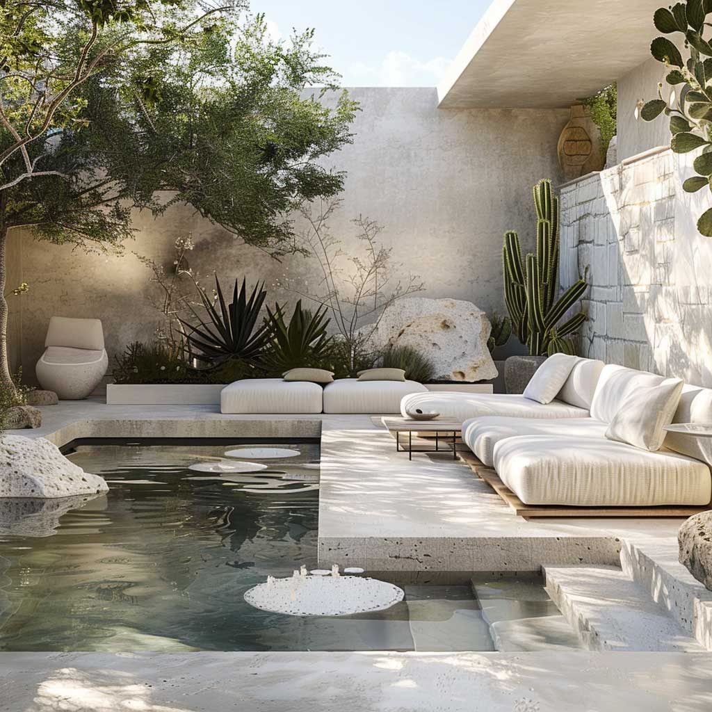 Imagine a garden where simplicity reigns supreme, with clean lines and a monochromatic color scheme that exudes modern elegance. In the center, sculptural plants like agaves or snake plants stand as living art pieces, set against a backdrop of polished concrete floors and minimalistic furniture. This space is designed to be a tranquil retreat, where every element is carefully chosen to create a harmonious and uncluttered environment.