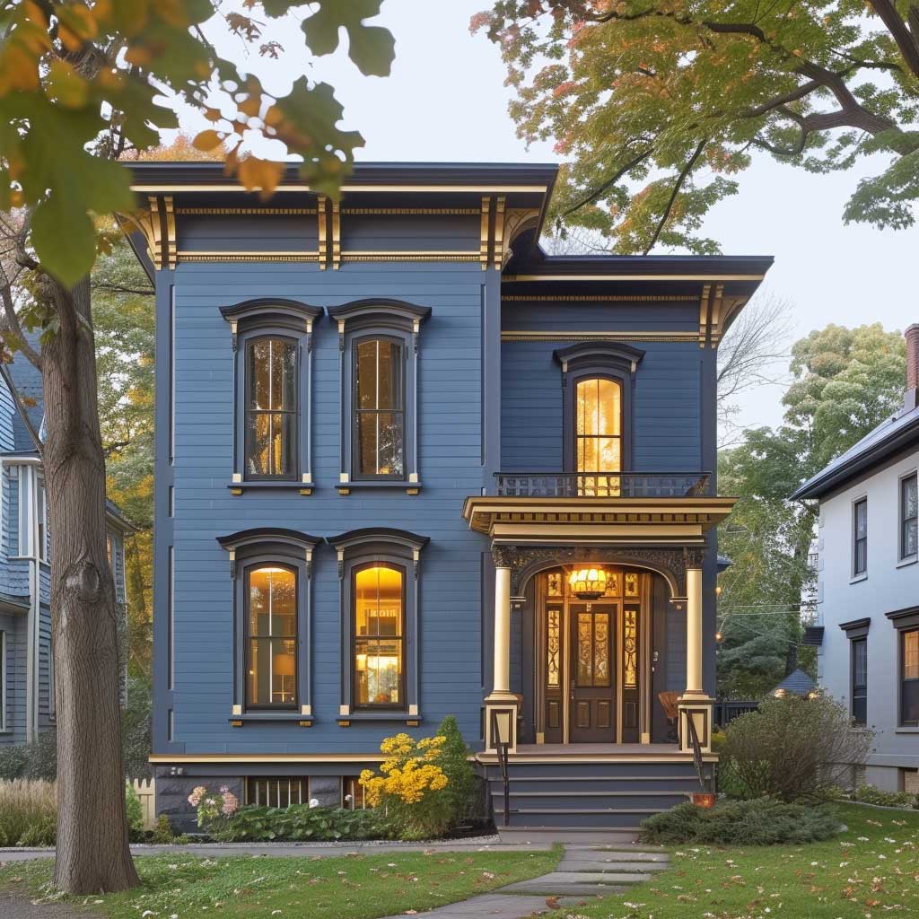 Picture a stately home adorned in a serene slate blue, evoking the timeless beauty of a cloudless sky at dusk. This color, known for its ability to instill calm and convey sophistication, serves as the primary hue for the exterior. Strategic dandelion yellow highlights on window frames, porch details, and decorative elements punctuate the blue with bursts of energy and warmth. This thoughtful integration of colors creates a harmonious exterior that blends classic elegance with unexpected vibrancy.
