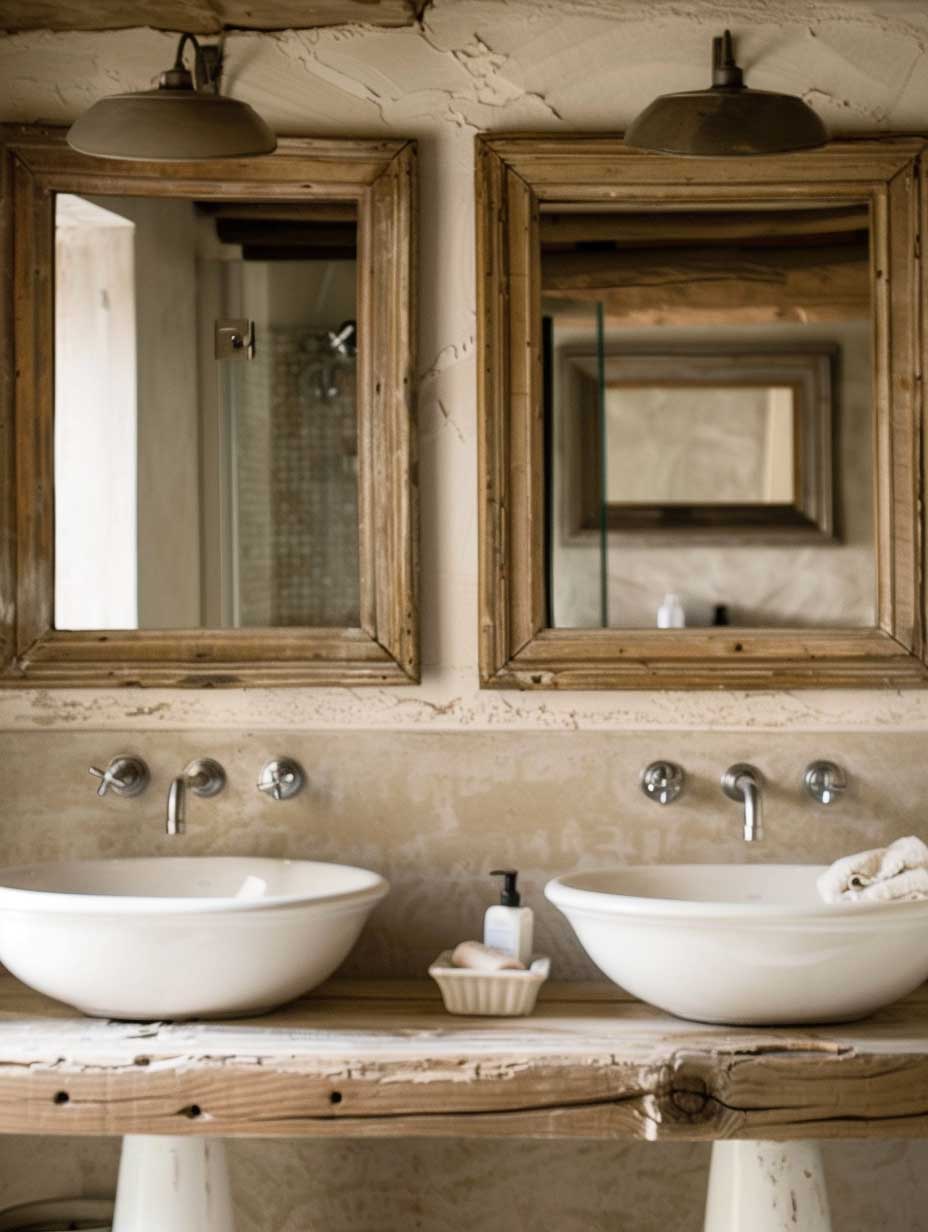 Picture a bathroom where every glance in the mirror reflects timeless elegance. This image depicts a sophisticated farmhouse rustic bathroom featuring a distressed wood framed mirror, elegantly worn countertops, and classic pedestal sinks. The harmonious blend of old-world charm and modern functionality creates a space that invites reflection and relaxation.