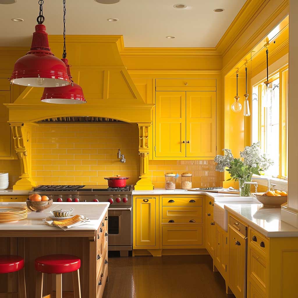 Imagine a kitchen bursting with energy, where bright yellows and reds spark creativity and vitality. The colors stimulate the senses, making the space lively and invigorating, a perfect representation of how interior design color themes can transform a room into a dynamic environment.