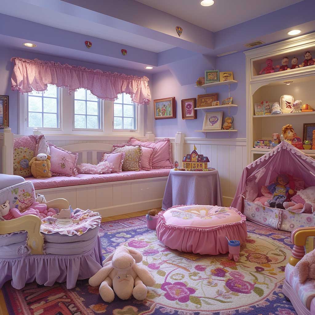 Picture a child’s playroom filled with the playful whimsy of pastel pinks and purples. The room is a haven for imagination, with colorful toys and whimsical decorations that stimulate play and creativity, showcasing how interior design color themes can cater to the joy and wonder of childhood.