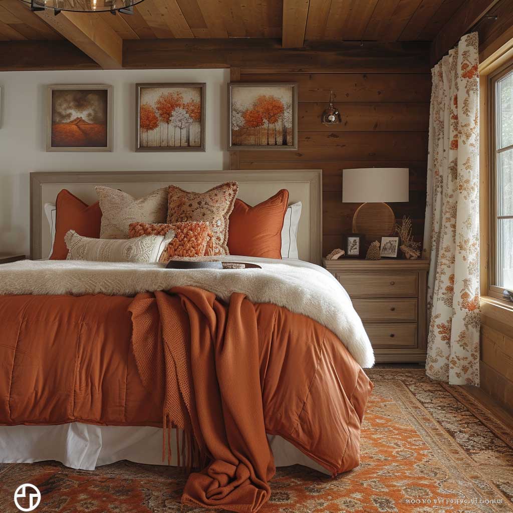 Picture a cozy bedroom that encapsulates the warmth of rustic oranges and browns. The space feels like a warm embrace, with wooden accents and soft, textured fabrics that invite relaxation and comfort, showcasing the depth of interior design color themes.