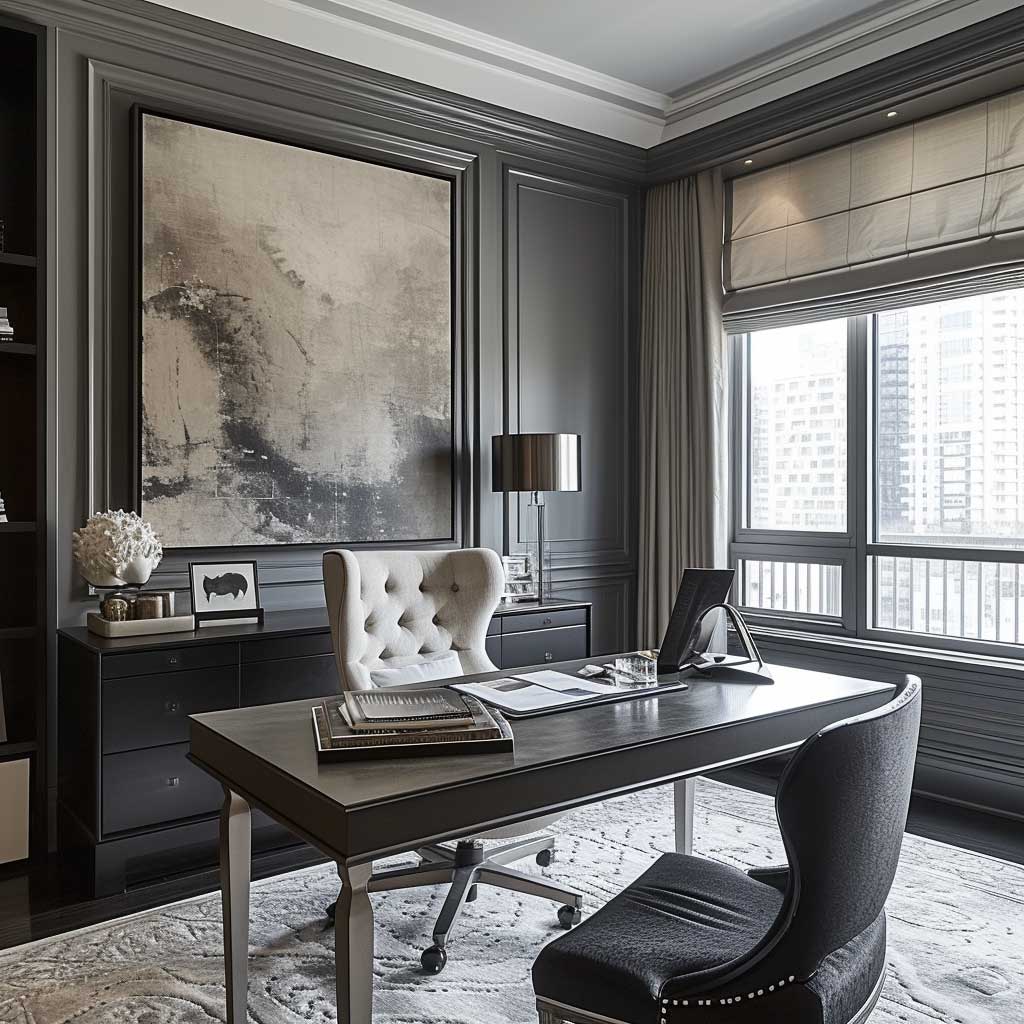 Visualize a home office that exudes elegant sophistication with a monochrome palette of grays. The sleek, modern furniture and minimalist decor create a focused and chic atmosphere, highlighting the versatility of interior design color themes in creating professional and stylish spaces.