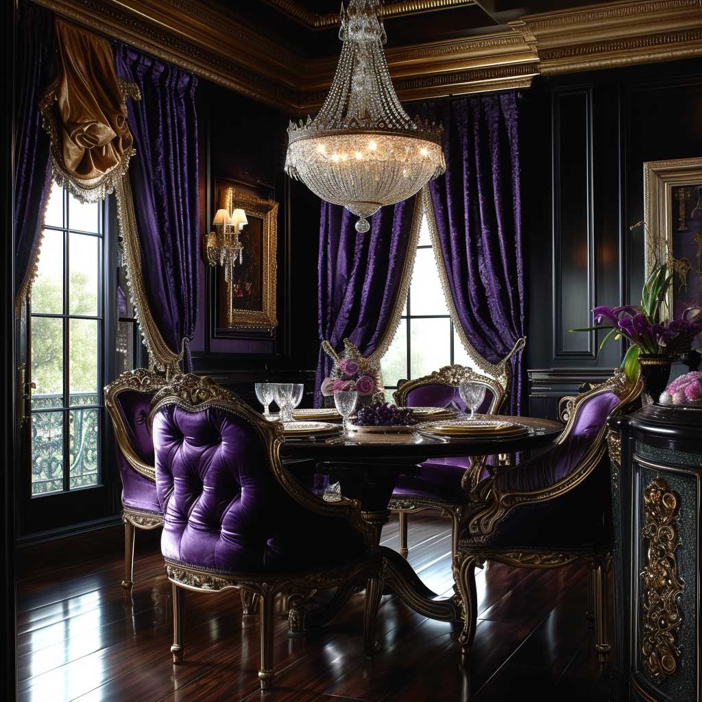 Envision a dining room that radiates regal luxury with deep purples and golds. The opulent fabrics, ornate decorations, and lavish furnishings speak to a sophisticated palate, demonstrating how interior design color themes can infuse spaces with a sense of grandeur and exclusivity.