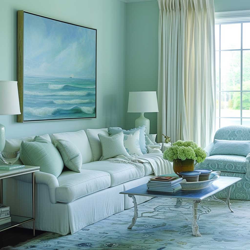 Envision a peaceful living room where soft blues and greens dominate the space, creating a serene sanctuary. The furnishings are plush and inviting, with natural light filtering through sheer curtains, casting a soft glow that enhances the tranquility of the interior design color themes.