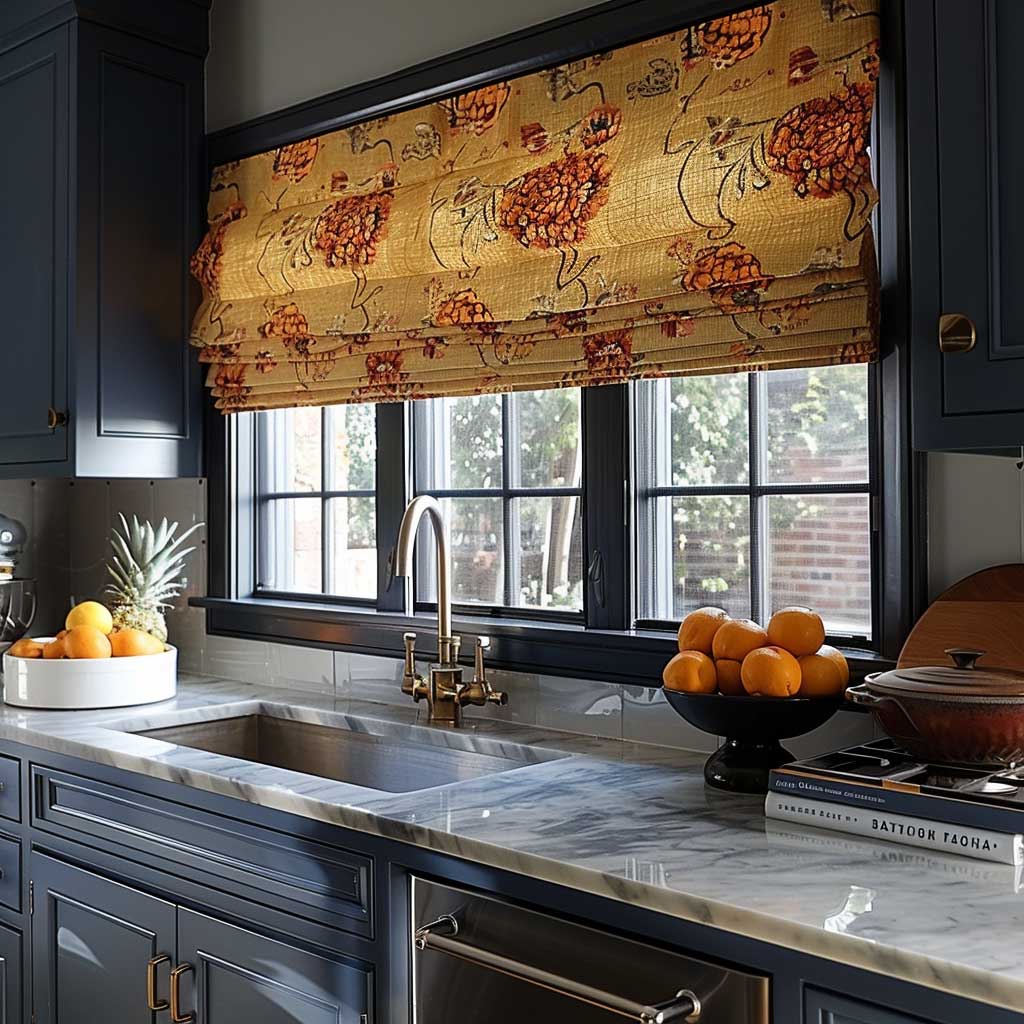 Envision a kitchen where bold Roman shades stand out as the focal point, adding a vibrant pop of color to the space. These fabric shades, perfect for any window size, combine functionality with style, offering easy adjustability for light control and privacy. Their rich textures and patterns contribute to the kitchen's overall design, infusing it with personality and warmth, making the space feel welcoming and lively.