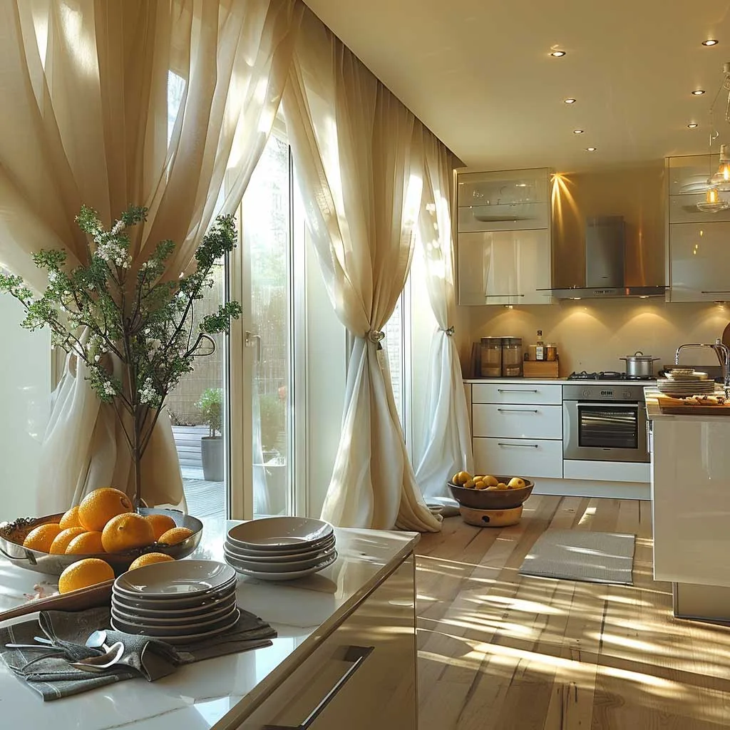 Picture a bright, airy kitchen where light filters through elegant sheer curtains, offering a soft glow and a touch of privacy. The curtains hang gracefully from a sleek, modern rod, complementing both small and large windows with their lightweight fabric. This setup not only maximizes natural light but also adds a layer of sophistication to the kitchen's decor, blending seamlessly with contemporary to classic design themes.