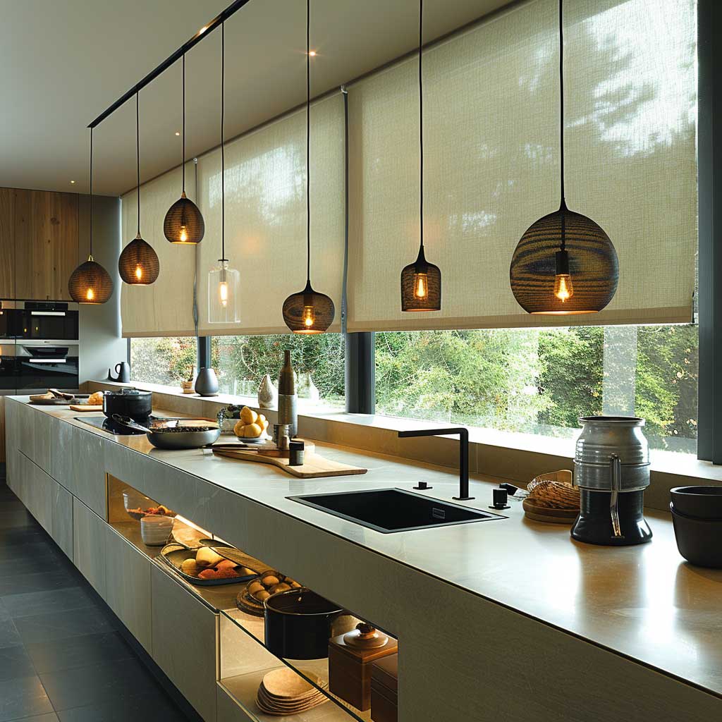 Imagine a kitchen equipped with sleek, modern roller blinds, offering a clean and minimalist approach to window coverings. These blinds, suitable for both small and large windows, provide precise control over light and privacy with a simple pull of a chain. Available in various materials and finishes, they enhance the kitchen's functionality while maintaining a streamlined look that complements any contemporary design.