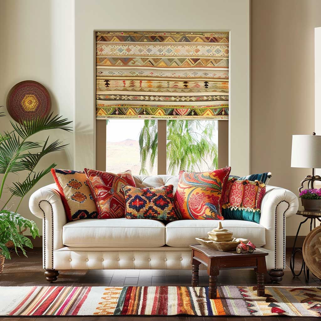 Envision a living room that transports you to a bohemian paradise, where eclectic living room blinds ideas come to life. These blinds, vibrant and patterned, draw inspiration from global travels, featuring motifs that range from tribal to floral. They accompany an array of colorful throw pillows, lush indoor plants, and vintage furniture pieces, creating a space that feels both curated and carefree. The blinds are not just window coverings but a canvas for expressing a rich, adventurous spirit.