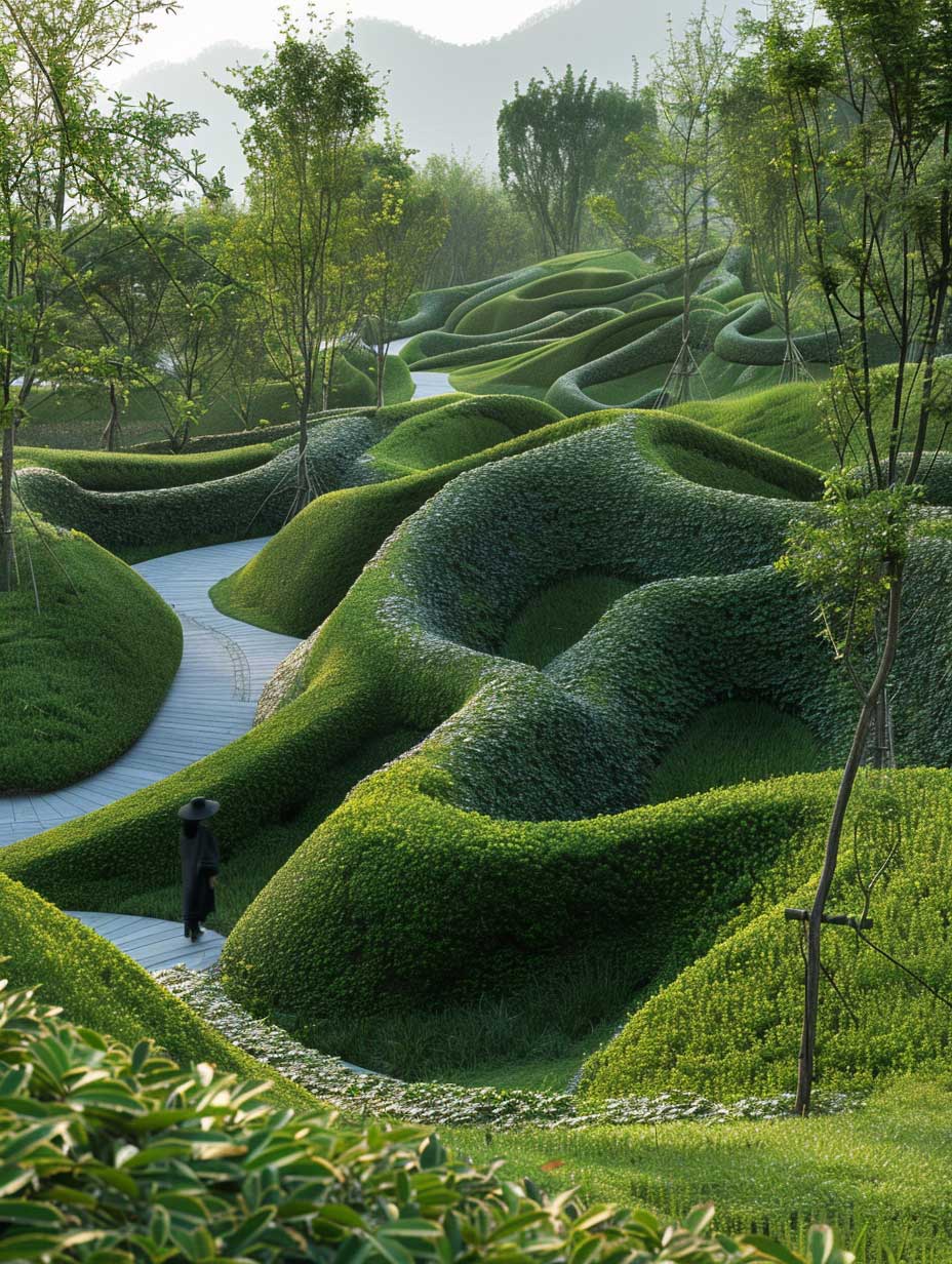 Conceive of a modern garden designed as an interactive journey, where visitors are invited to explore and discover. At its heart lies a large, sculptural maze made of living green walls. This structure not only challenges traditional garden layouts but also serves as a living artwork, blending the boundaries between sculpture and landscape.