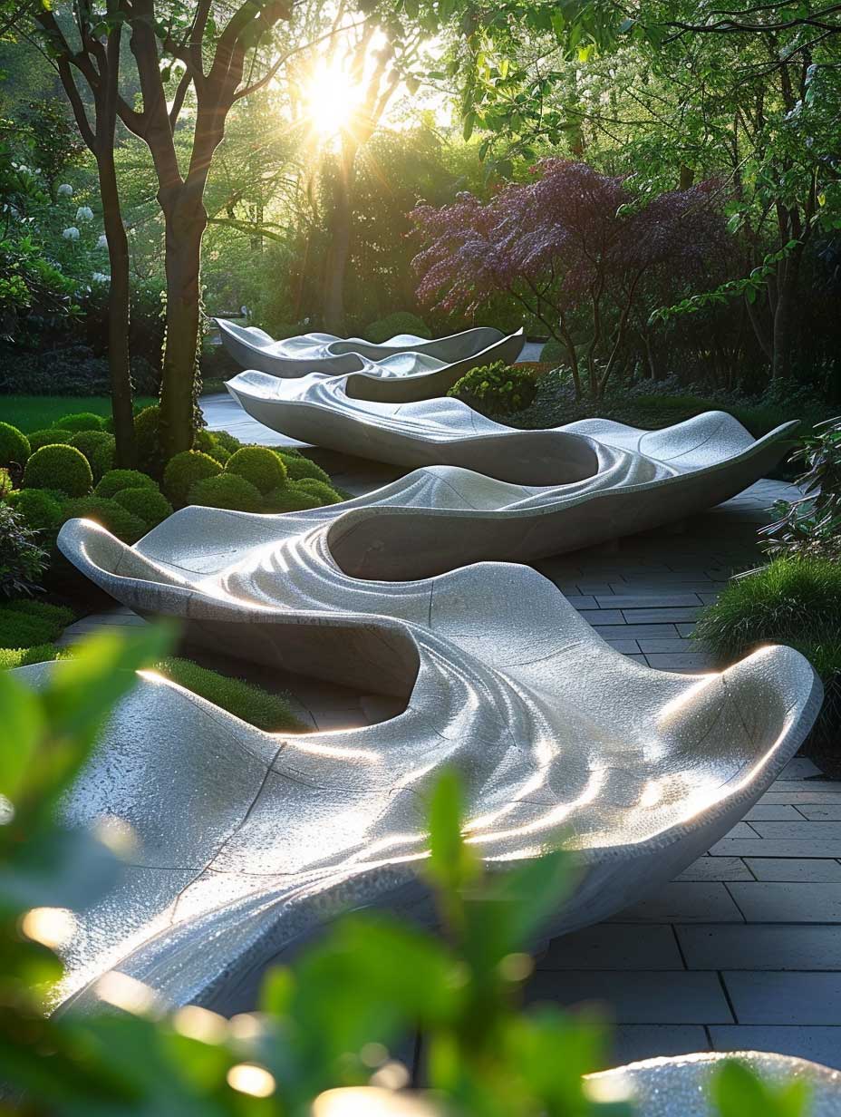 Picture a garden at the height of modern design, where the play of shadows and light takes center stage. Envision a series of abstract, geometric sculptures that cast intricate shadows on the surrounding flora and pathways. The interaction between these forms and the sunlight creates a dynamic landscape, constantly changing and evolving with the time of day.