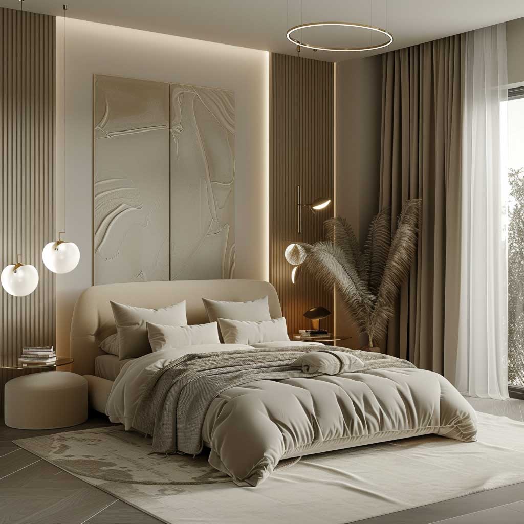 An elegant bedroom showcasing a symphony of whispering hues in neutral colours, featuring soft bedding, gentle lighting, and a serene atmosphere, capturing the essence of tranquility and sophistication.