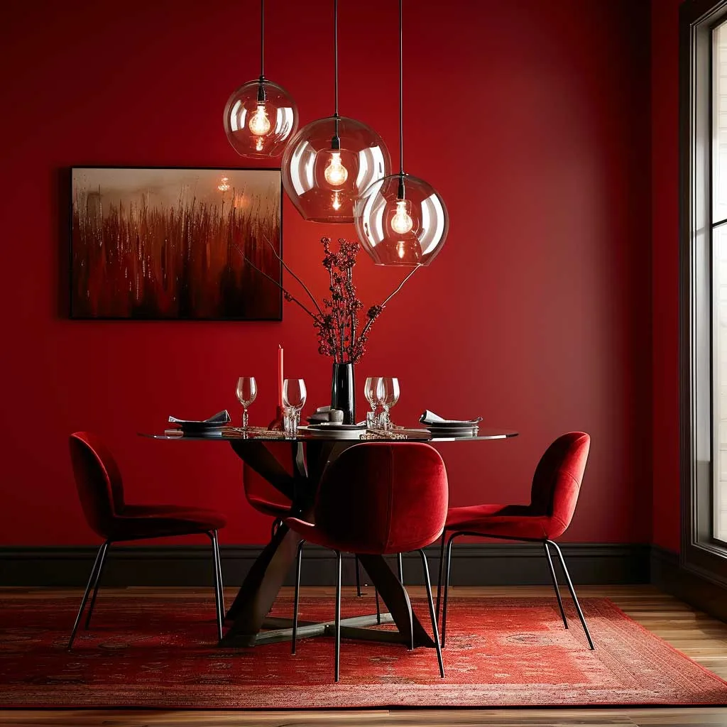 A dining room painted in bold, dynamic reds, furnished with a contemporary dining set and statement lighting, creating a vibrant space for meals and gatherings.