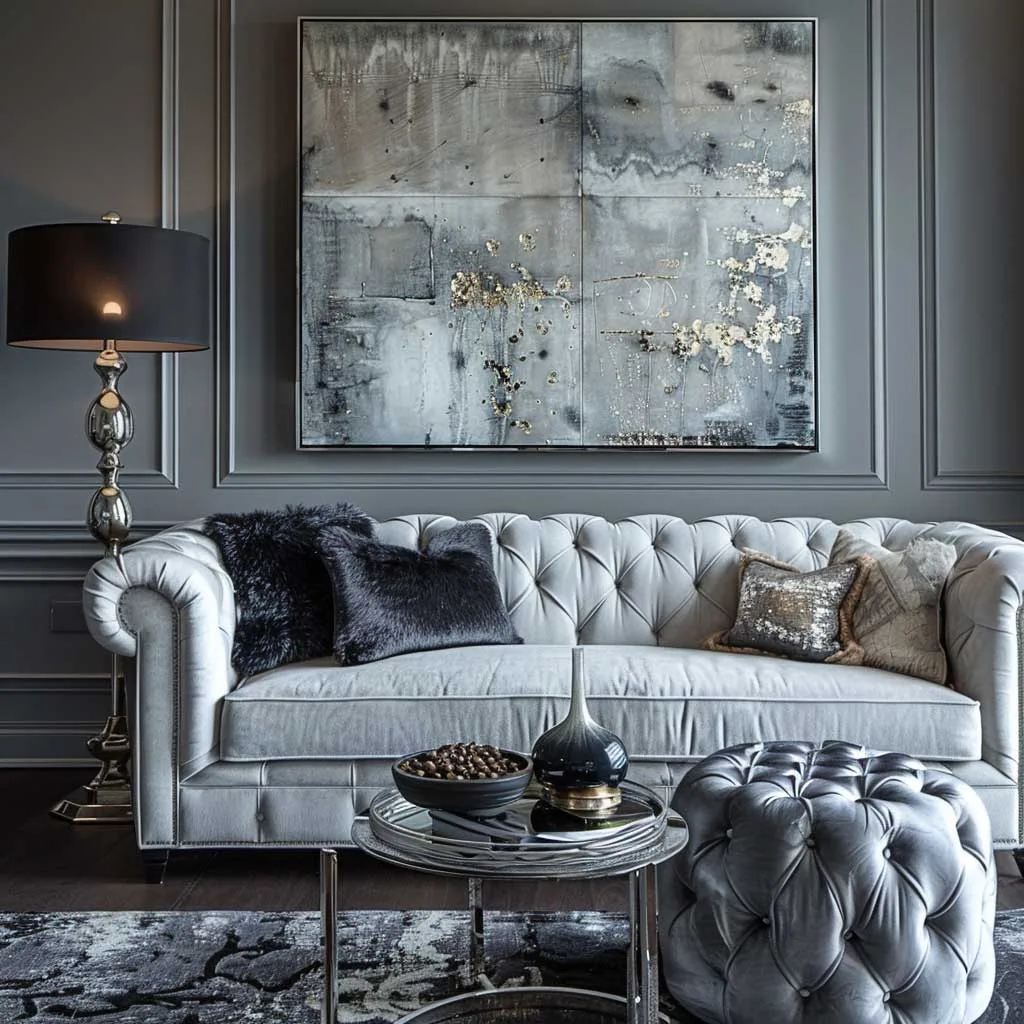 A living room painted in elegant shades of grey, furnished with chic, comfortable seating and metallic accents, offering a sophisticated yet inviting atmosphere.