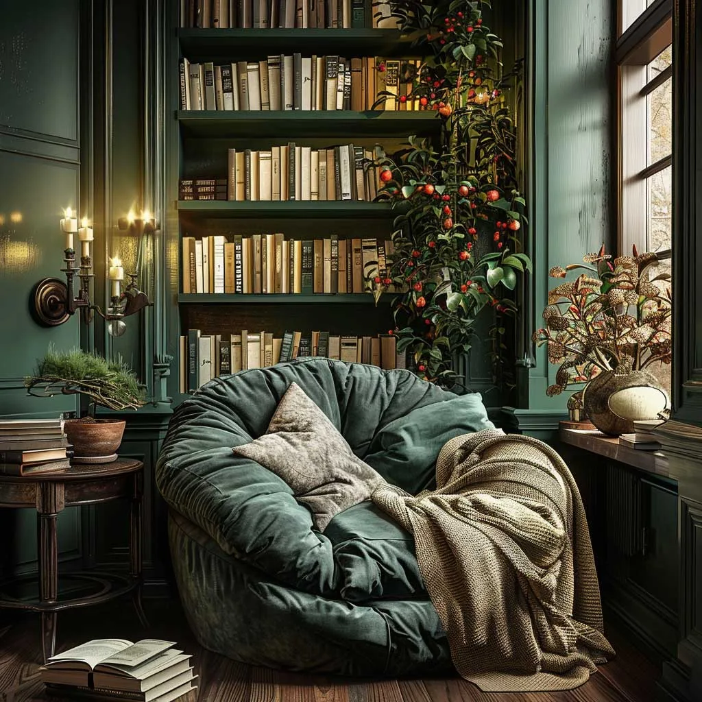 A cozy corner turned into a reading nook, with walls in rich shades of green, furnished with a plush armchair, a stack of books, and a soft, warm light for reading.