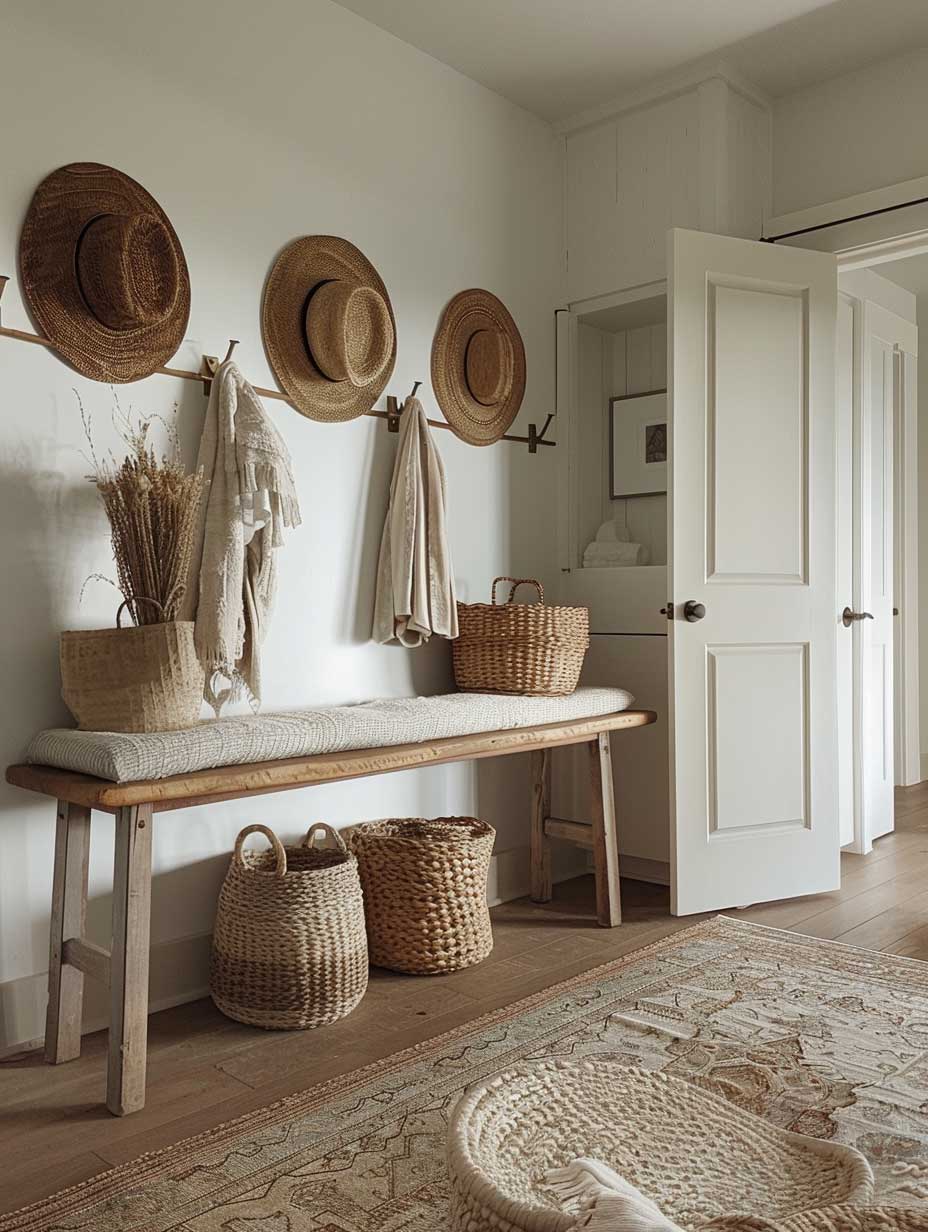Envision a small foyer where rustic charm enhances the welcoming vibe. This design integrates natural wood elements, from a vintage console table to wall-mounted hooks for a touch of warmth. Earthy tones and textures are layered for a cozy feel, with a handwoven rug underfoot and artisanal decor that tells a story. The lighting is soft and inviting, casting a glow that highlights the rustic details.