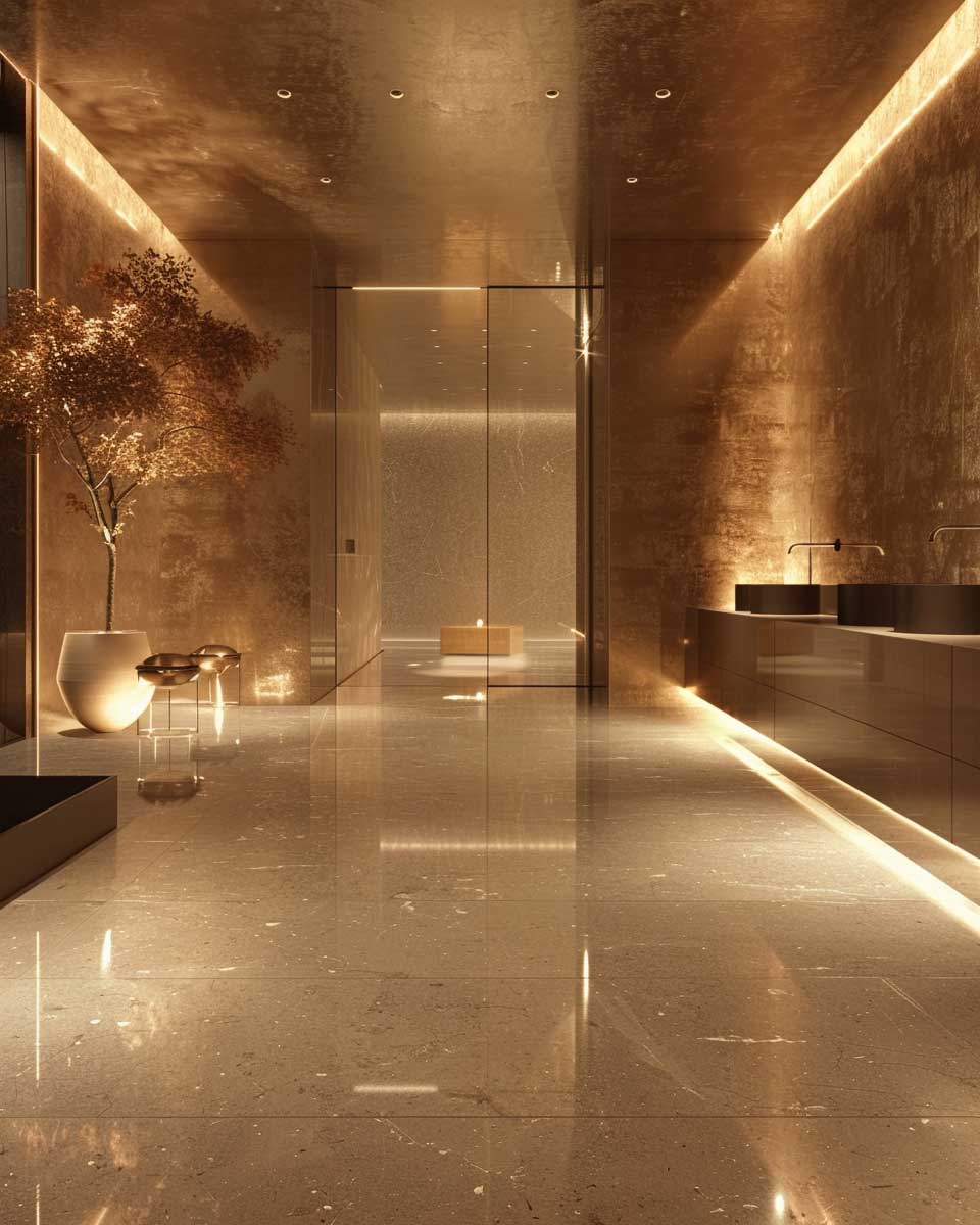 A bathroom that radiates modernity with gleaming metallic wall panels, creating a futuristic flair that complements sleek fixtures and mirrors, offering a space that's both reflective and ahead of its time.