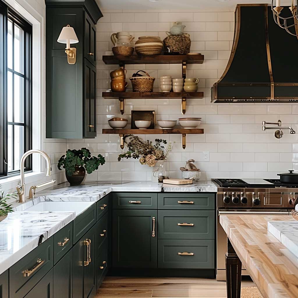 Picture a cozy kitchen corner where dark green cabinets are the highlight, offering a rich contrast against a backdrop of white walls and marble countertops. The space is accented with brass fixtures and open wooden shelving, filled with greenery and earth-toned pottery. This image showcases the delightful impact of dark green in creating inviting and warm kitchen spaces.