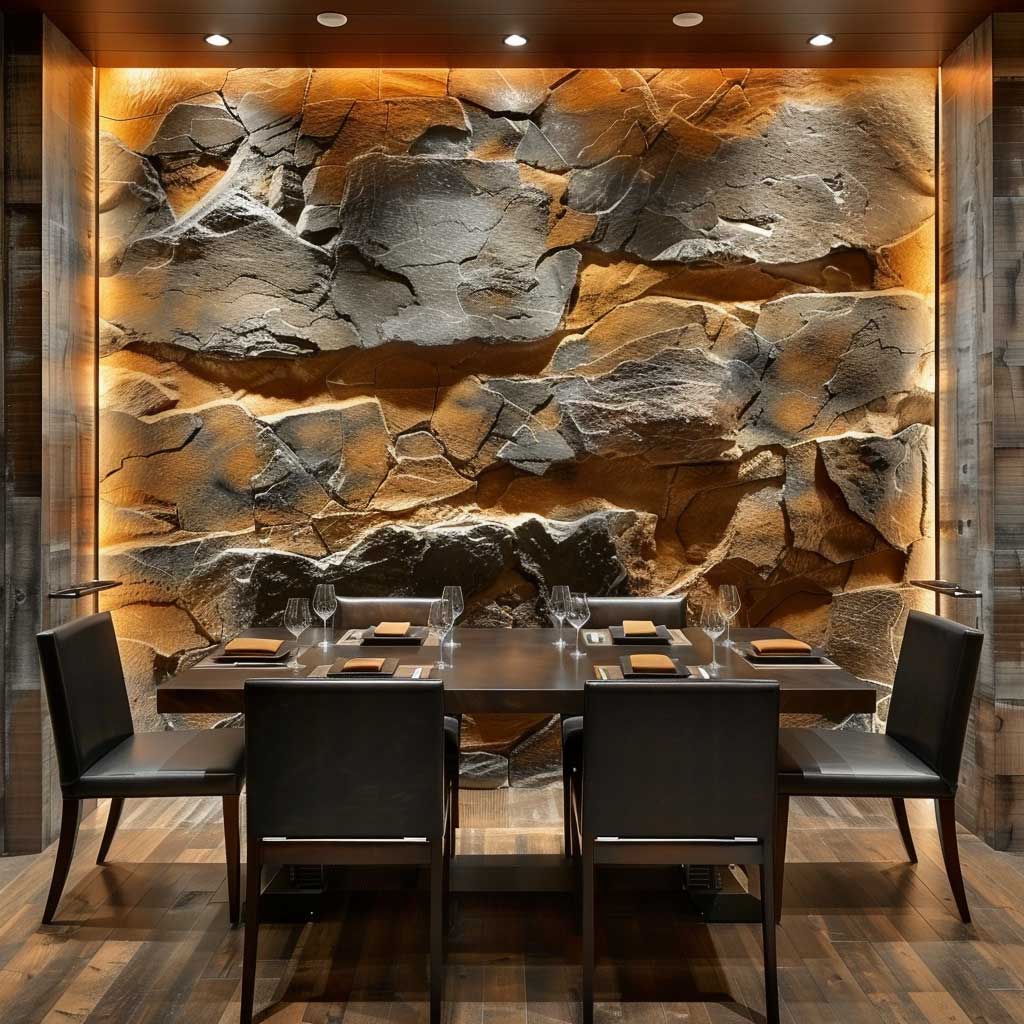 Imagine an elegant dining area where faux rock panels form a striking feature wall, offering a backdrop that exudes rustic elegance. The panels' intricate textures and earthy tones contrast beautifully with a sleek, minimalist dining table and high-back chairs. The scene is set under soft, ambient lighting that enhances the cozy yet sophisticated atmosphere. This setup showcases how faux rock panels can elevate interior design by adding depth and character.