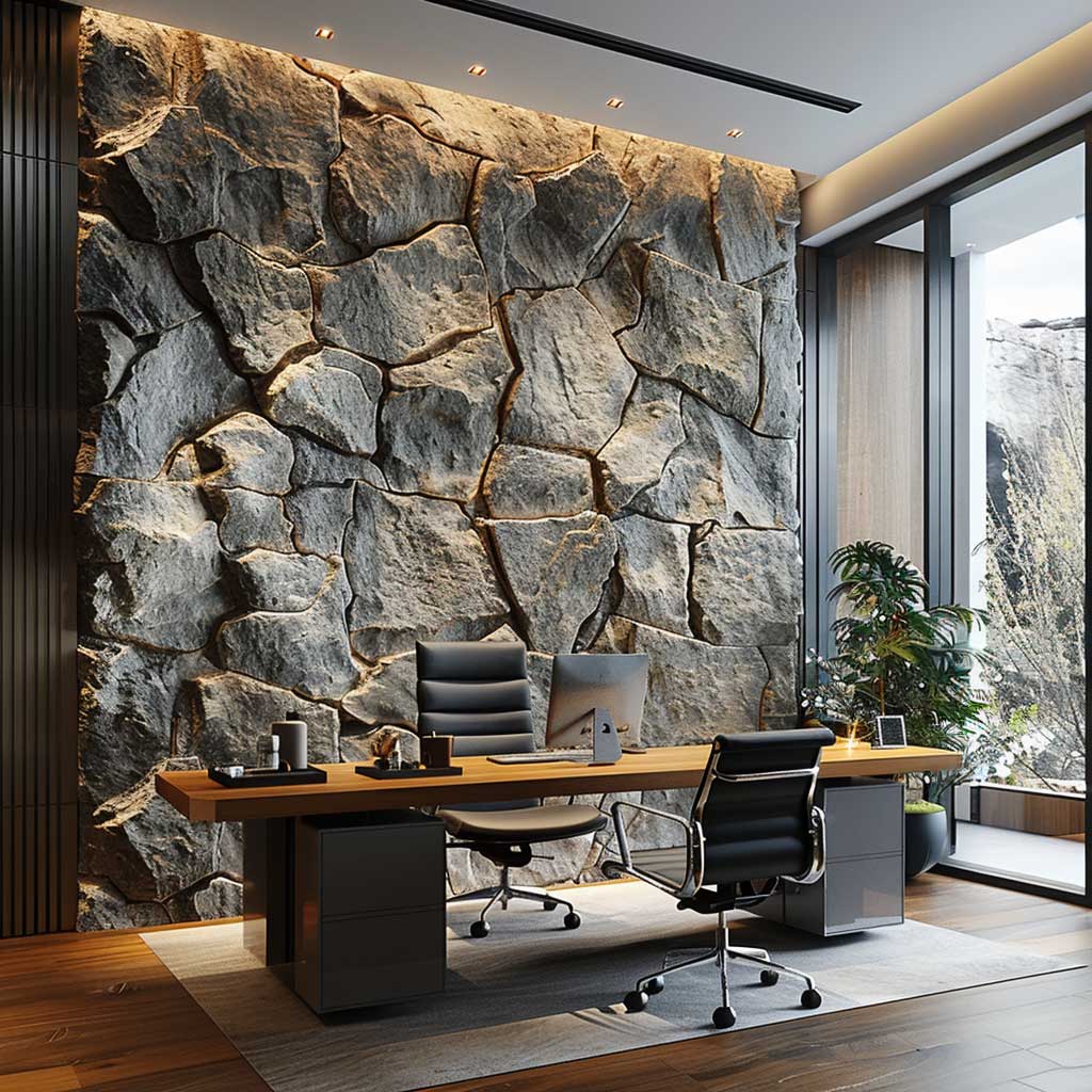Picture a modern home office that redefines contemporary design with an accent wall of interior faux rock panels. The wall's rugged texture and natural colors provide a contrast to the sleek, minimalist office furniture, including a streamlined desk and ergonomic chair. Large, floor-to-ceiling windows allow natural light to accentuate the faux rock's details, creating a dynamic and inspiring workspace. This scene illustrates the versatility of faux rock panels in adding a unique architectural element to modern homes.