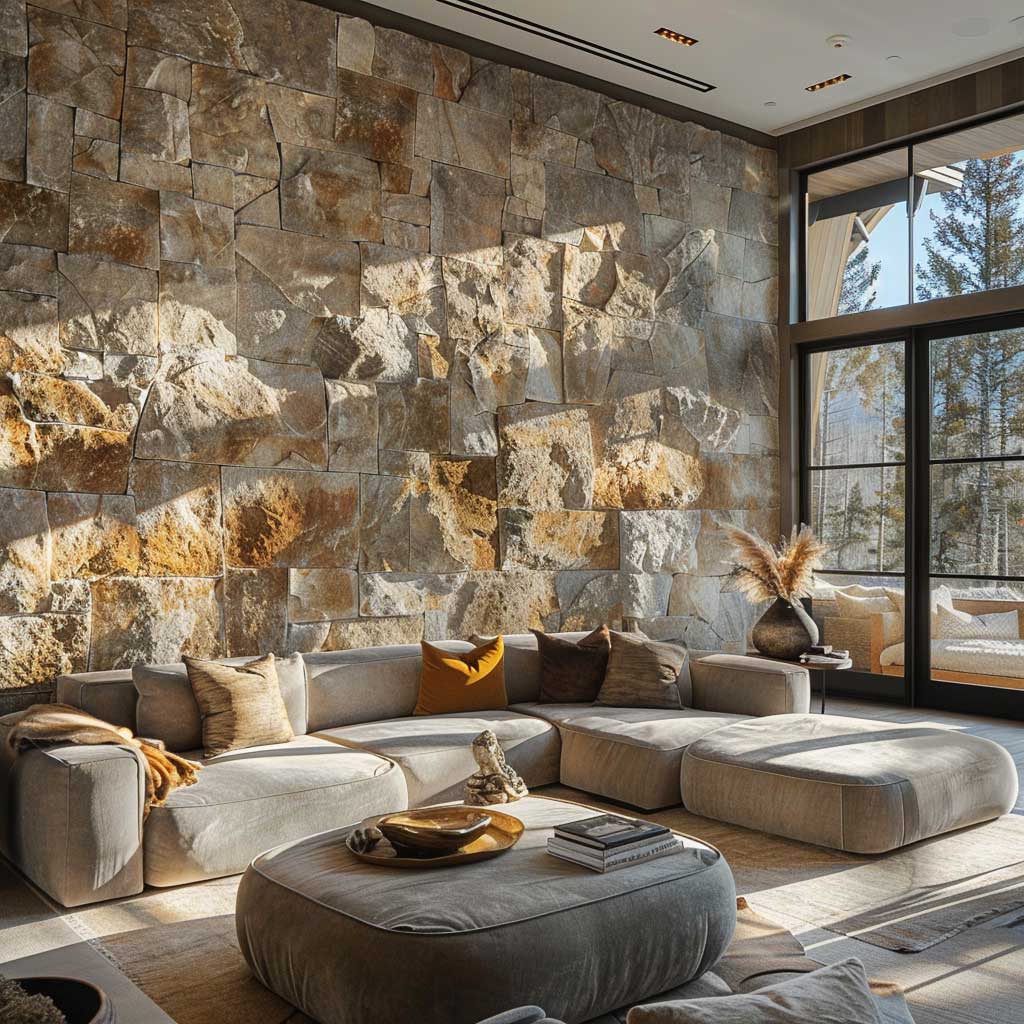 Visualize a spacious living room, where one wall is completely adorned with chic faux rock panels, seamlessly blending with contemporary furniture. The room is bathed in natural light, highlighting the texture and colors of the panels. Include subtle, modern decor elements that complement the rustic charm of the rock, creating a harmonious balance between modernity and nature. The ambiance is warm, inviting, and stylish, with a hint of wilderness brought indoors.