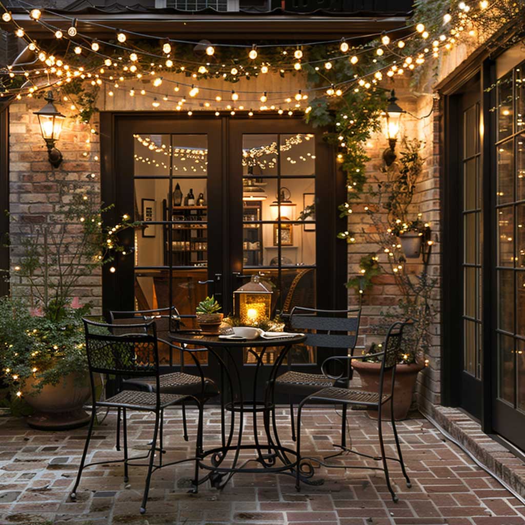 Imagine a front patio transformed into an elegant bistro setting, complete with stylish furnishings and soft lighting. This space is designed to evoke the charm of a cozy café, featuring a small round table, wrought iron chairs, and delicate overhead string lights that cast a warm, inviting glow for intimate dinners or morning coffee.