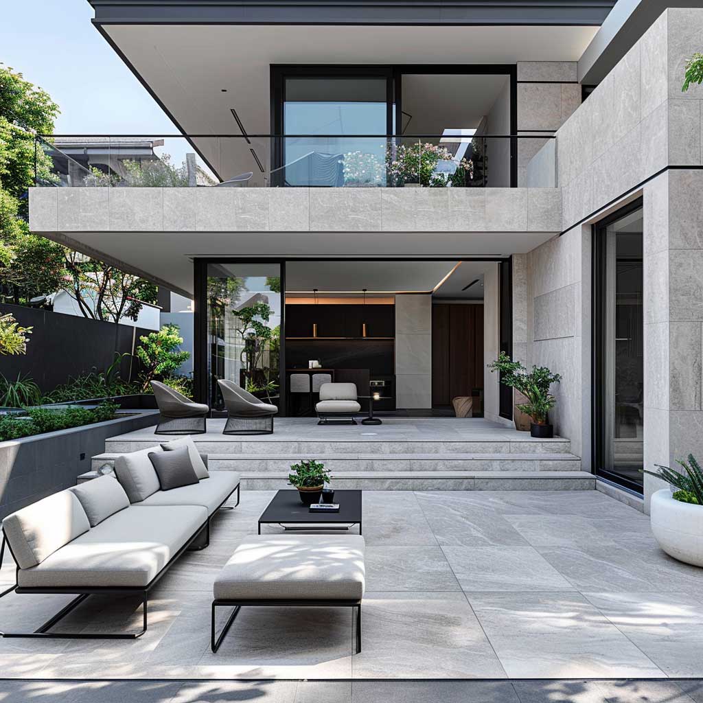 A front patio designed with modern minimalism in mind, where sleek lines and a monochrome color palette create a sophisticated outdoor sanctuary. This area uses clean, geometric shapes in furniture and decor, complemented by minimalist landscaping for a clutter-free space that epitomizes tranquility and modern elegance.