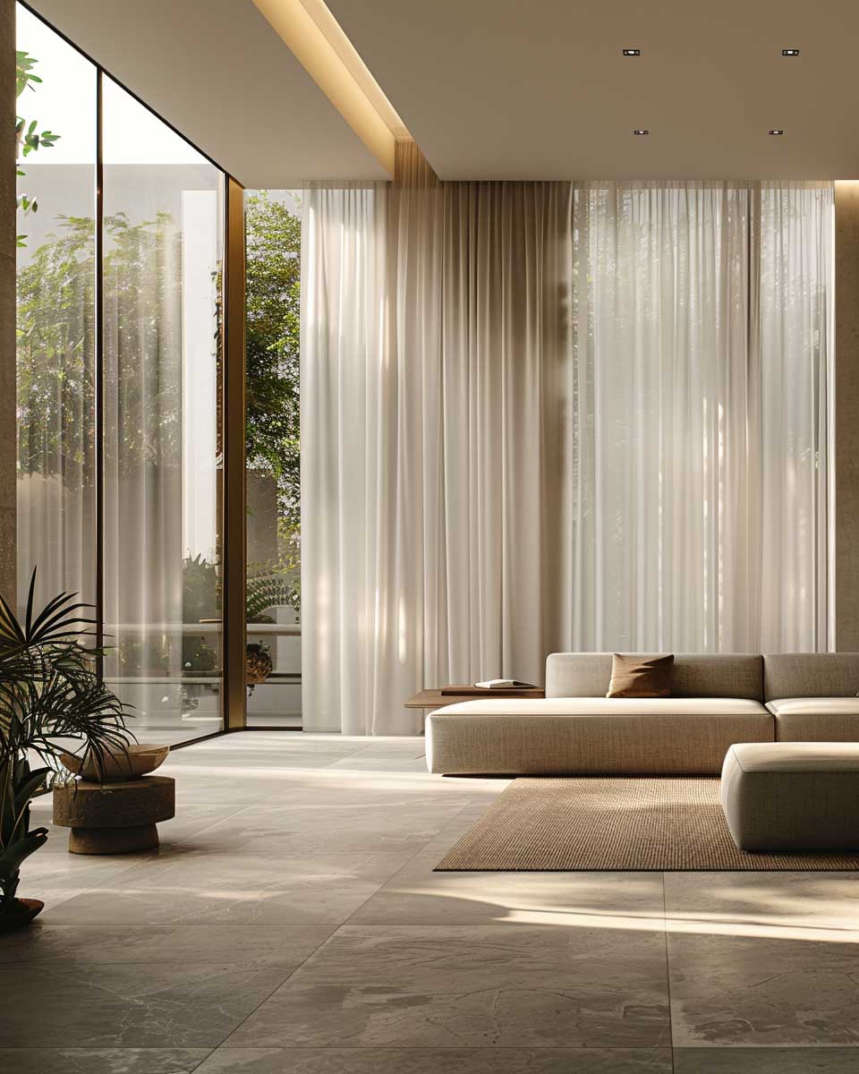 A spacious living room with large windows draped in sheer curtains, casting soft light on the sleek, minimalist furniture. The walls are painted in a light grey tone, complementing a polished concrete floor. Accents of green from indoor plants add a touch of color, creating a serene and elegant atmosphere.