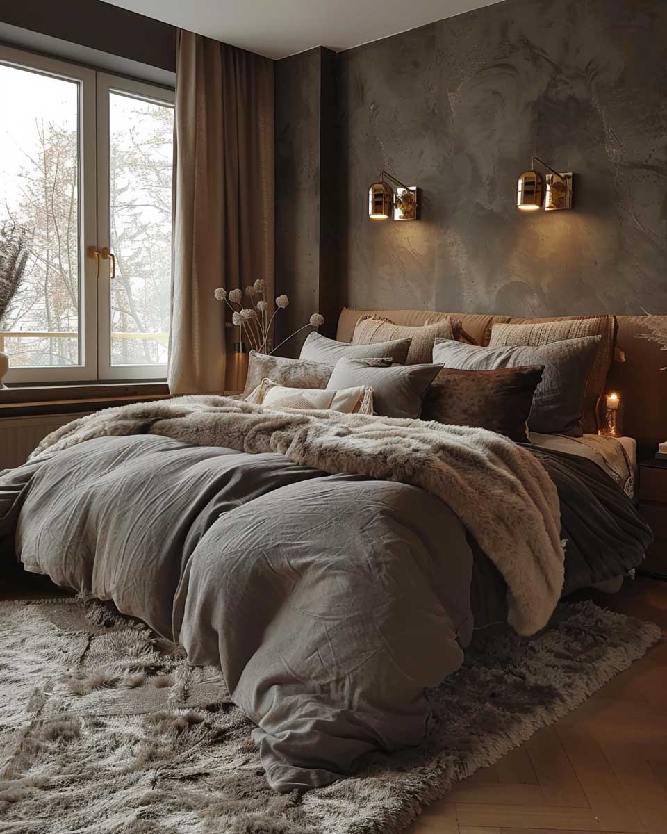 A cozy bedroom featuring walls painted in a warm, mid-tone grey, creating a soft, inviting ambiance. Luxurious, plush textiles in various shades of grey and cream cover the bed, while golden lighting fixtures and natural wood accents add warmth and sophistication to the space.