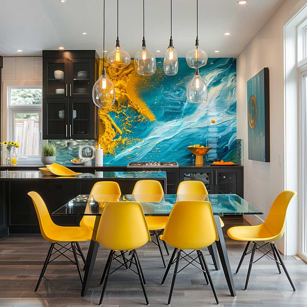 An open-concept kitchen and dining area where vibrant splashes of color energize a modern setting. The home decor color scheme features bold accents like a bright teal backsplash and lemon-yellow dining chairs, set against crisp white walls and sleek, dark cabinetry, illustrating how to add dynamic contrasts in a contemporary home.
