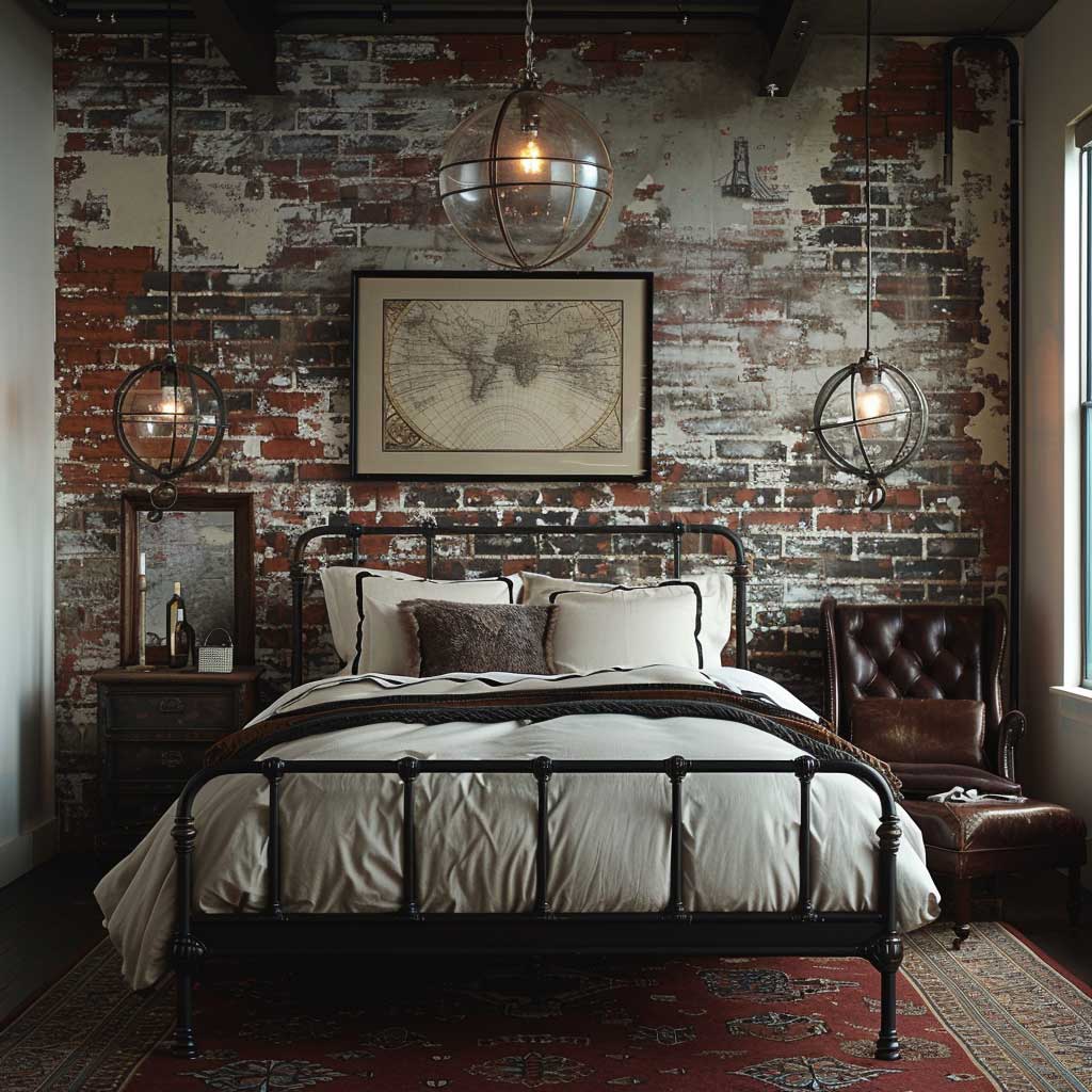 Envision a bedroom where the walls boast a faux exposed brick effect, creating a warm, inviting atmosphere that captures the essence of urban loft living. This scenario showcases a painting technique that mimics the look and feel of real brick, complete with variations in color and texture to enhance realism. The bedroom is styled with industrial-chic furniture, including a metal frame bed and vintage leather chair, against the backdrop of the brick-painted walls. Accent lighting highlights the wall's texture, while soft textiles and a plush rug add comfort and balance the industrial elements.