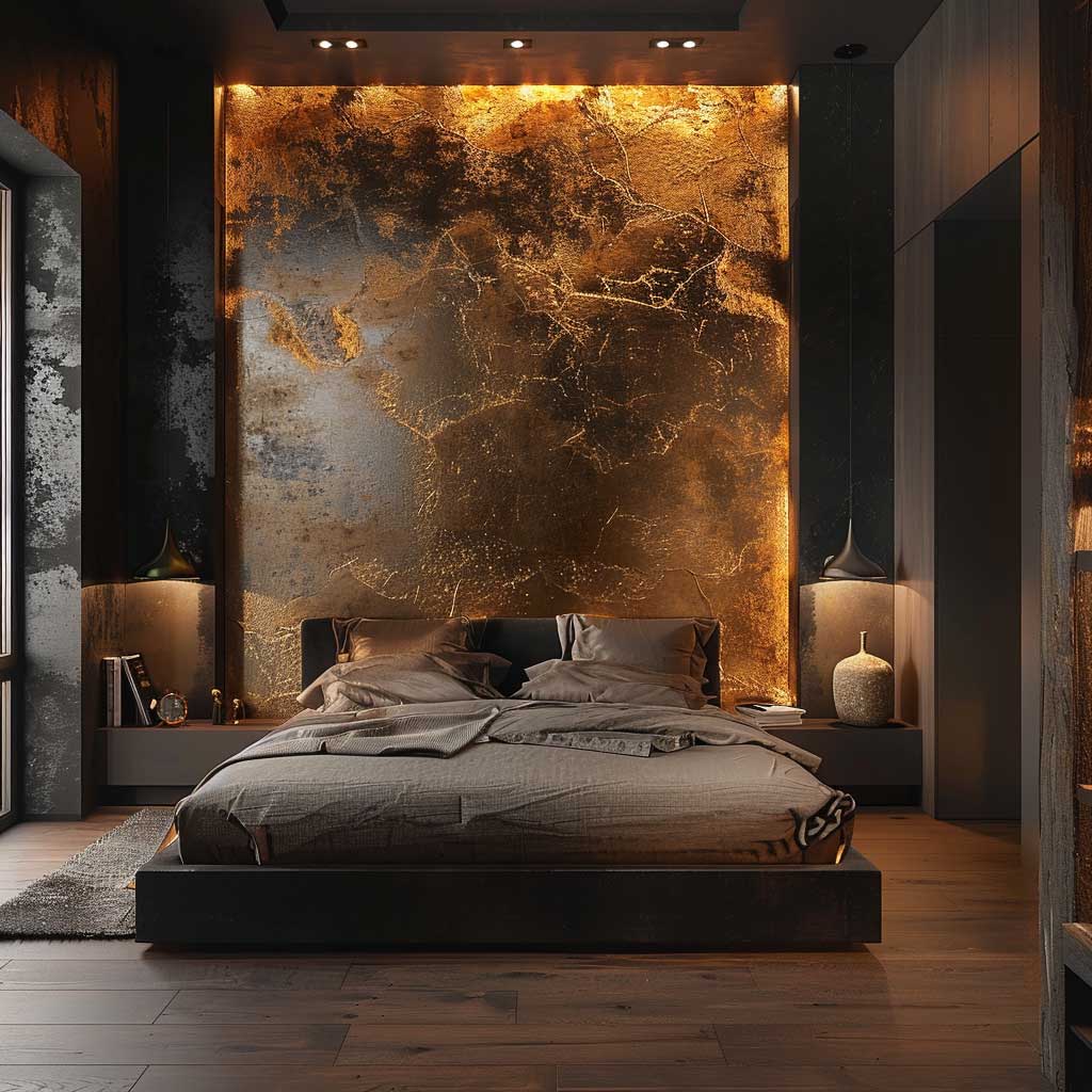 Picture a bedroom where the walls come alive with metallic accents, infusing the space with a touch of modern luxury amidst an industrial backdrop. This visual concept involves using metallic paint or finishes on select walls or wall sections to create a focal point that captures and reflects light, adding depth and dynamism to the room. The rest of the bedroom features a monochrome color palette with sleek, contemporary furniture, and industrial decor pieces. Strategic lighting enhances the metallic accents, creating an interplay of light and shadow that emphasizes the room's industrial-chic aesthetic.