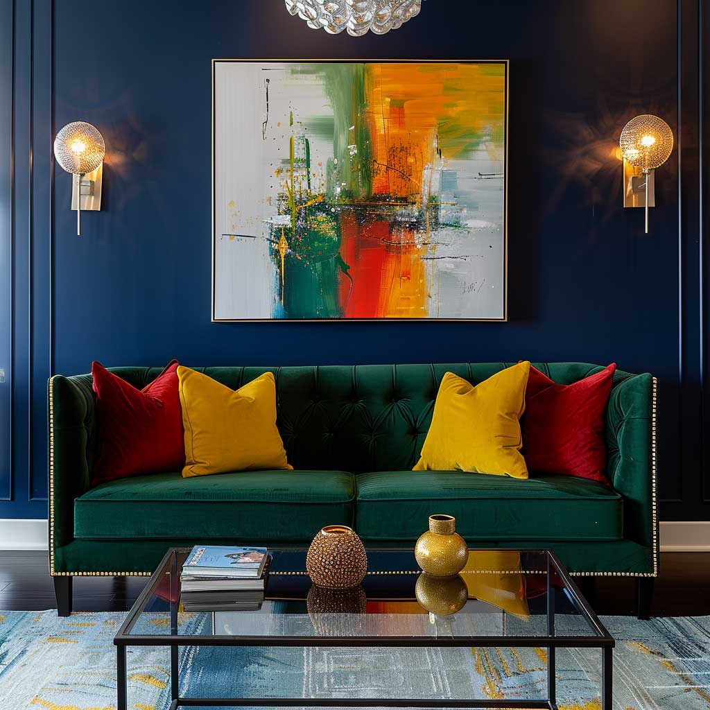 An elegant living room that embraces boldness through jewel tones, featuring a deep emerald green sofa set against a navy blue accent wall, with rich ruby red pillows and golden yellow accessories. The space is styled with luxurious textures, modern art pieces, and a statement light fixture.