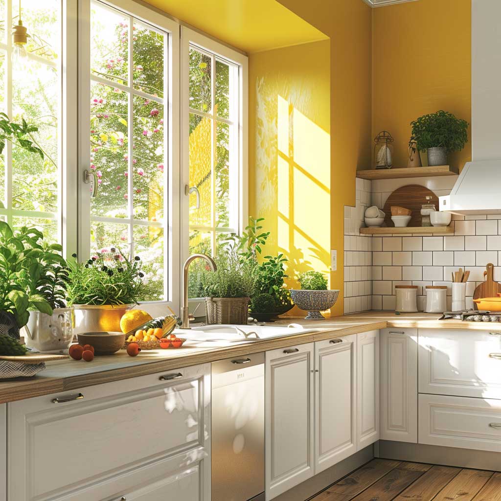 A bright and welcoming kitchen painted in warm shades of yellow, creating a cheerful atmosphere. The kitchen boasts white cabinetry, a classic subway tile backsplash, natural wood accents, and potted herbs on the windowsill, embodying a perfect blend of warmth and freshness.