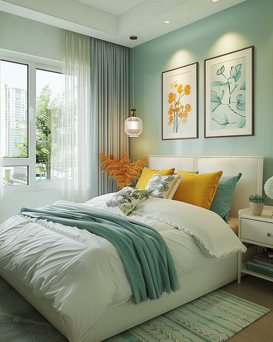 sage green off-white wall colour combination small bedroom