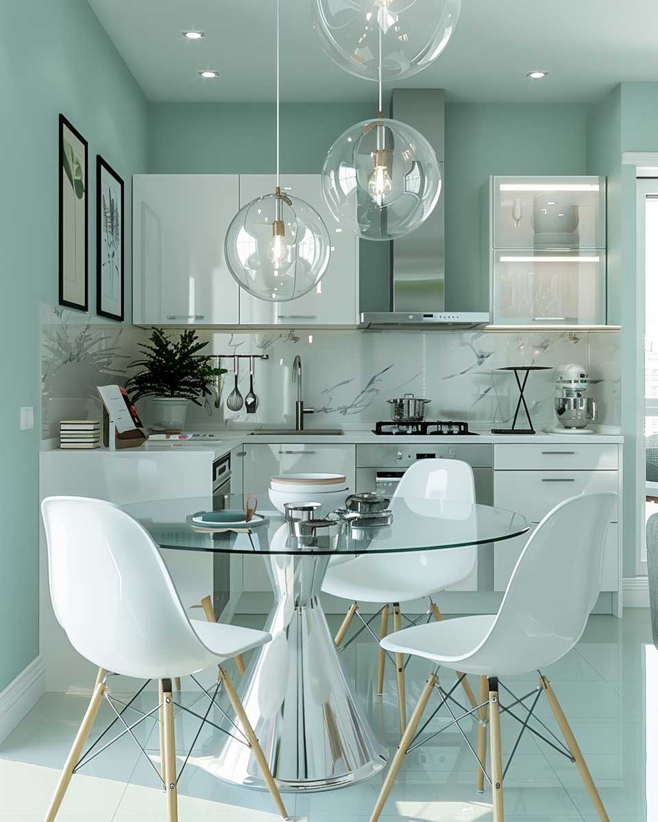 pale aqua white countertops glass furniture small space colour combination