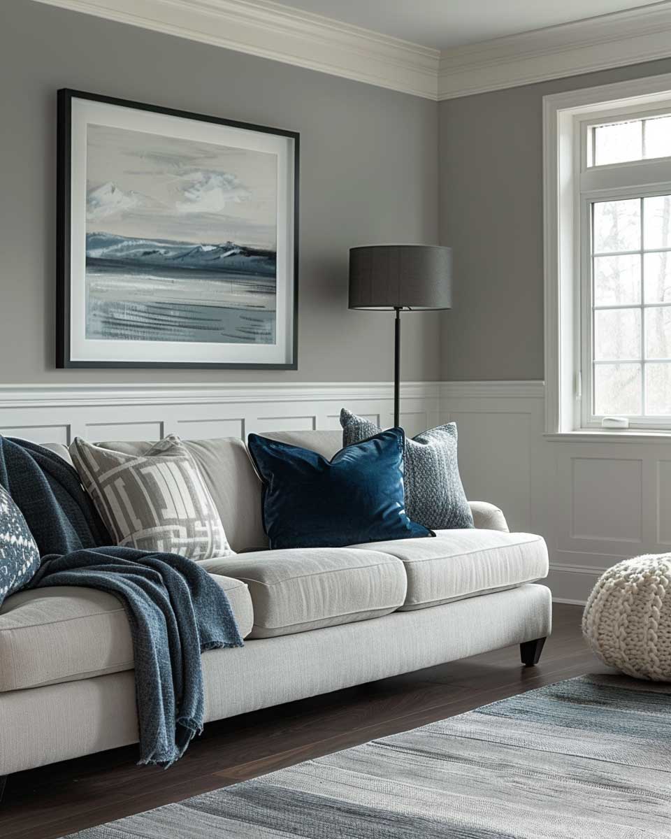 light grey navy blue colour pairing compact interior design