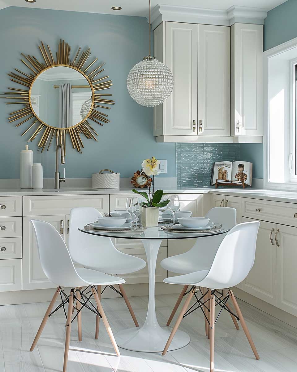 icy blue white cabinetry colour combination small kitchen interior
