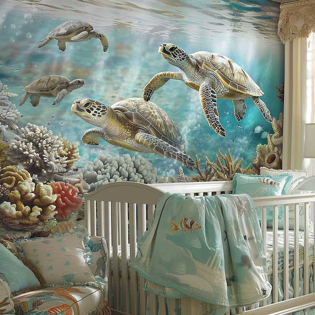 Envision a nursery room wall transformed into an underwater oasis with an ocean wonders mural. This scene brings to life a serene underwater landscape, filled with soft coral reefs, gentle sea turtles, and friendly fish gliding through tranquil waters. The colors are soothing, with shades of turquoise, soft blues, and sandy whites creating a calming environment ideal for a nursery.