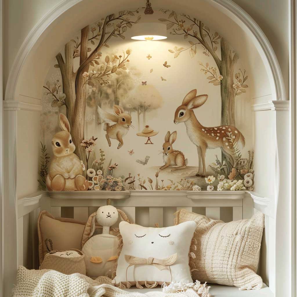 Imagine a wall in the nursery brought to life with gentle woodland creatures in a storybook setting. This enchanting scene showcases beloved animals like deer, rabbits, and owls, nestled among lush, illustrated trees and flowers. The artwork is rich with detail and soft, inviting colors, creating a warm and whimsical environment that feels like stepping into a fairy tale.
